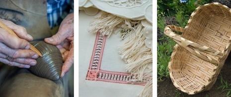 Links: Kunsthandwerker formt Keramik / Mitte: Detailansicht von Stickereien / Rechts: Traditionelle Korbflechterei auf La Palma, Kanarische Inseln
