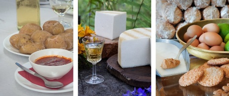 Links: Detailansicht der Papas Arrugadas, Mojo-Sauce und Käse / Mitte: Käse mit Mistela-Süßwein / Rechts: Detailansicht des Mandelgebäcks
