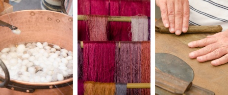 À gauche : Processus de préparation de la soie / Centre : Détail de fil de soie / Droite : Manufacture d